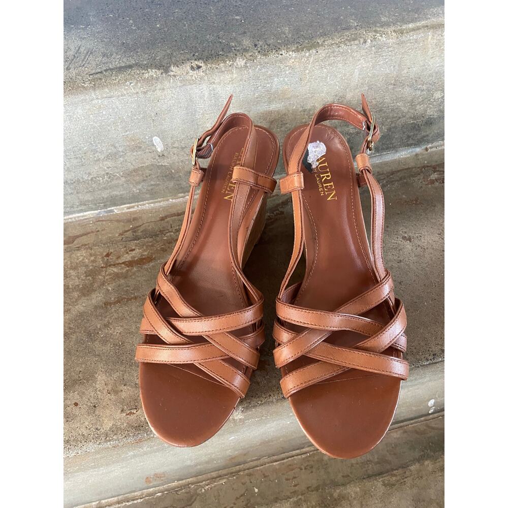 LAUREN Ralph Lauren brown slingback strappy cork wrapped platform wedge - Picture 4 of 8